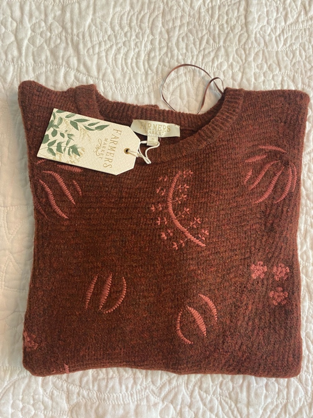 Farmer's Market Embroidered Crewneck Sweater in Rust Brown